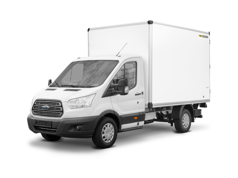 Foto eines weißen Ford-Transporters mit weißer Humbaur-Flexbox.