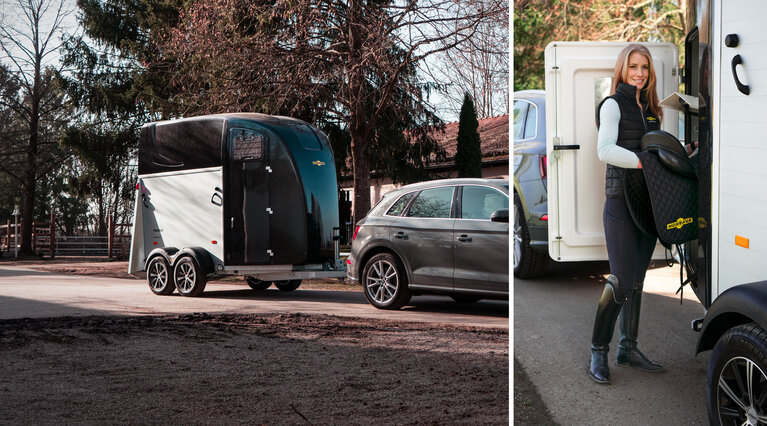 The picture on the left shows an Equitos aluminium model. On the right, a lady is putting her saddle pad away in the tack room.