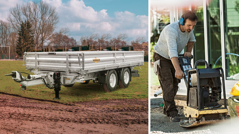 A Humbaur heavy-duty trailer stands on a football pitch. Next to it is a man working with a vibratory plate. | © Humbaur GmbH